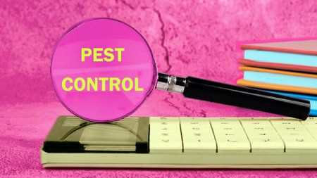 Pest control phrase written through a magnifying glass on a crimson abstract backgroundの写真素材