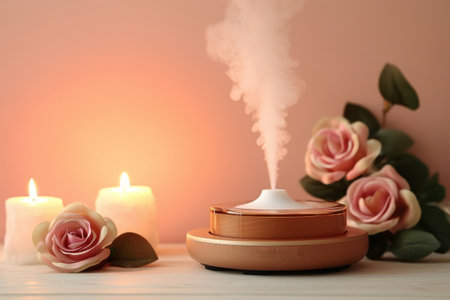 An essential oil diffuser emits a gentle mist, accompanied by soft candlelight and fresh roses,...