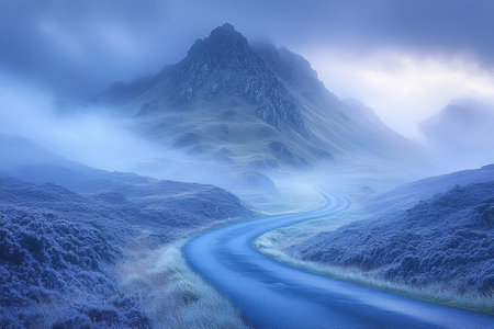 A winding road leads through the misty hills of the Scottish Highlands, with dark clouds looming...
