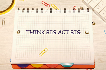 THINK BIG ACT BIG concept words, a motivational message written on a grid notebook.の写真素材