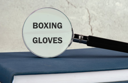 The words BOXING GLOVES on a gray wall, front view.