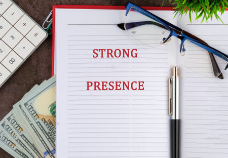 A conceptual phrase on the topic of business STRONG PRESENCE. Online reviews and global business...