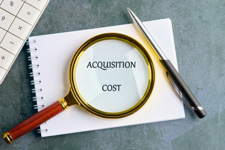 A conceptual phrase on the topic of ACQUISITION COST business. Business concept.の写真素材