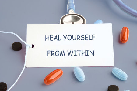 The concept phrase HEAL YOURSELF FROM WITHIN. Heal yourself, mental health, absent-minded, feeling concept.の写真素材