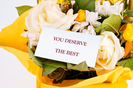 The concept phrase is YOU DESERVE THE BEST. The concept of good mood. Self care and happiness concept.の写真素材