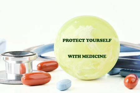 The concept phrase PROTECT YOURSELF WITH MEDICINE. Self care and prevention concept.