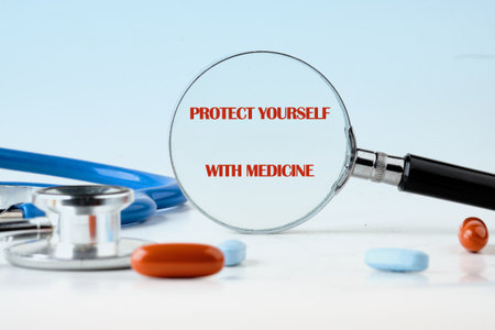 The concept phrase PROTECT YOURSELF WITH MEDICINE. Self care and prevention concept.