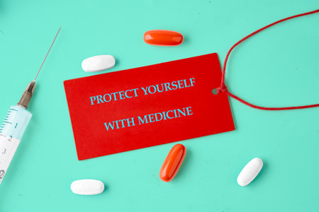 The concept phrase PROTECT YOURSELF WITH MEDICINE. Self care and prevention concept.