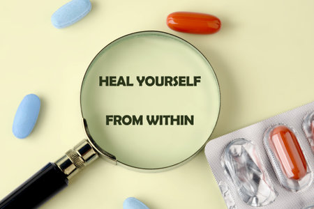 The concept phrase HEAL YOURSELF FROM WITHIN. Heal yourself, mental health, absent-minded, feeling concept.の写真素材