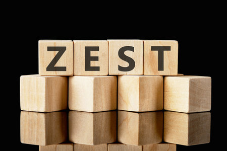 The concept word ZEST is assembled from wooden cubes. emphasizing motivation and creativity concept.の写真素材
