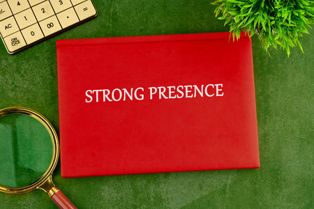 A conceptual phrase on the topic of business STRONG PRESENCE. Online reviews and global business...