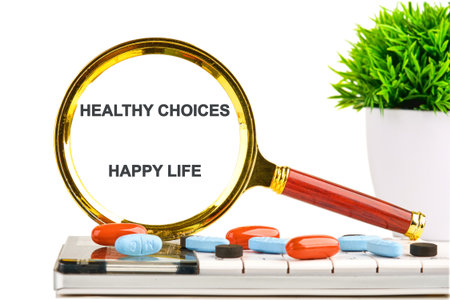 The concept phrase HEALTHY CHOICES HAPPY LIFE. Conversation, domestic, lifestyle, happiness, interaction concept.の写真素材