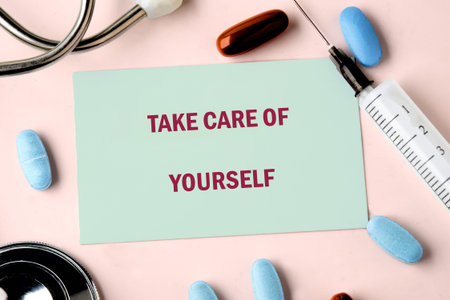 The concept phrase TAKE CARE OF YOURSELF. Inspirational motivational quote