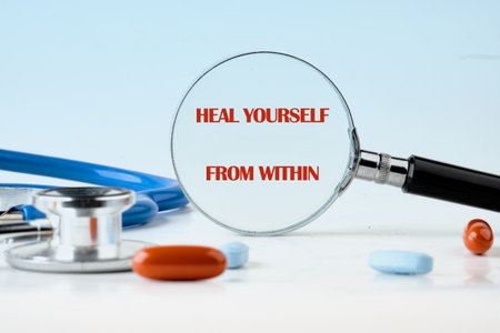 The concept phrase HEAL YOURSELF FROM WITHIN. Heal yourself, mental health, absent-minded, feeling...