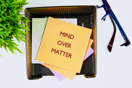 The conceptual phrase MIND OVER MATTER. The concept of beauty and health. Business and Keep an open mind concept. Copy space.の写真素材