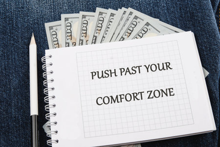 Familiarity, habits, discovering, challenge, uncertainty concept. Words PUSH PAST YOUR COMFORT ZONE.