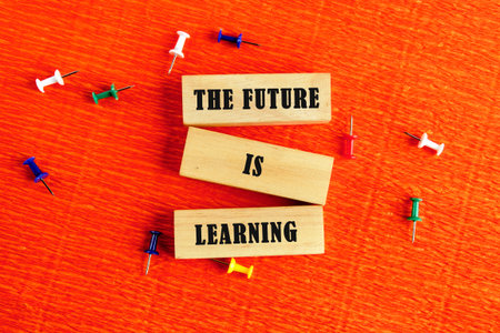 Concept of Intelligence, science and mind. THE FUTURE IS LEARNING assembled from wooden blocks in a...