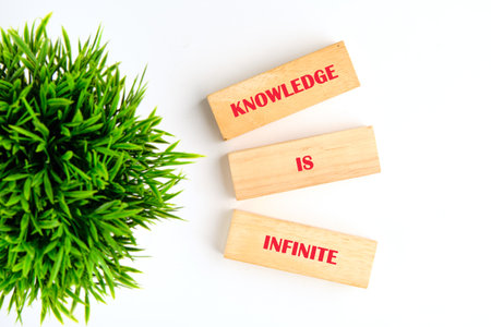 Business, limited or unlimited concept. Words KNOWLEDGE IS INFINITE made of wooden blocks on white...