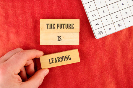 Concept of Intelligence, science and mind. THE FUTURE IS LEARNING assembled from blocks in a...