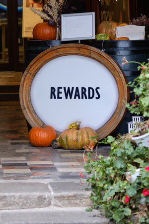 Business and Risk or Reward concept. Copy space. REWARDS written on Vibrant autumn display with...