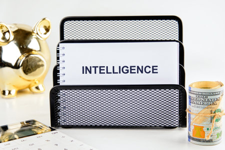 Concept word INTELLIGENCE. Business finance, data analytics financial management technology conceptの写真素材