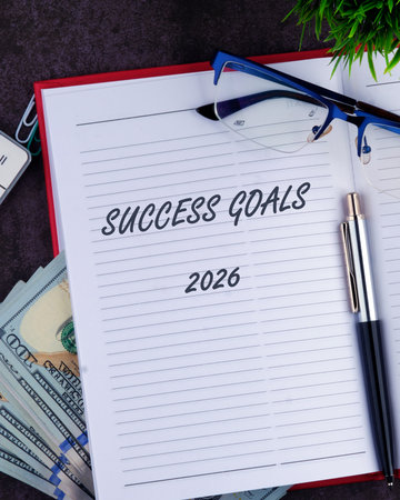 An open notebook with Success Goals and 2026 written on it, paired with money, glasses and a pen on...