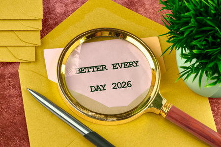 A magnifying glass is placed over a paper that says Better Every Day 2026, situated on top of yellow...