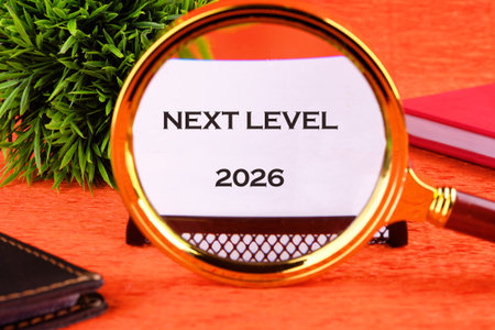 a magnifying glass focuses on a document displaying the phrase NEXT LEVEL 2026, signifying future business goals, planning, and striving for ultimate success.の写真素材