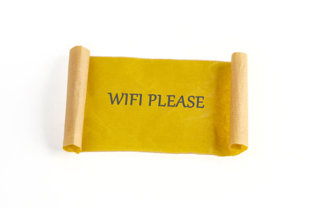 A humorous scene unfolds with the words WIFI PLEASE written across an old style papyrus scroll,...