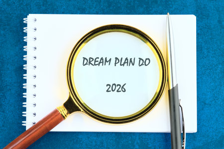 A notepad shows DREAM PLAN DO 2026 through a magnifying glass next to a pen. A visual representation of strategizing, planning, and achieving business goals.の写真素材