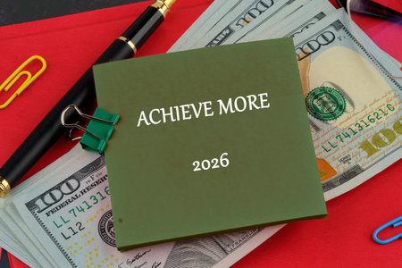 A green notepad with text Achieve More 2026 is resting on stack of money near a pen and paper clips,...