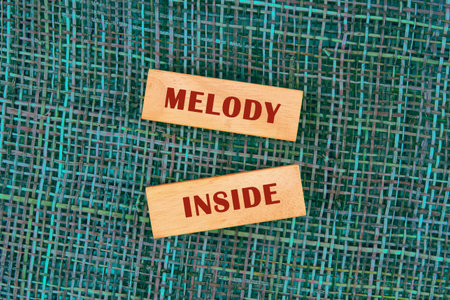 Two wooden blocks lie on a teal woven surface. On the first block is written the word MELODY. The...