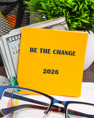 A bright yellow note with the words BE THE CHANGE 2026 sits atop a stack of money, with glasses and a small plant nearby, suggesting financial planning for the future.の写真素材