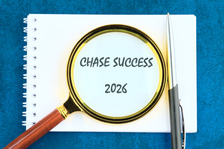 A magnifying glass is positioned over a notepad. The text Chase Success 2026 is clearly visible. A pen rests on the notepad. All against a teal backdrop.の写真素材