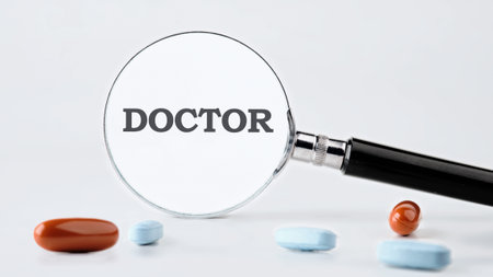 A magnifying glass focuses on the word Doctor surrounded by various prescription tablets, all resting on a clean, bright white background.の写真素材