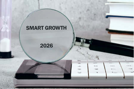 A magnifying glass enlarges the words Smart Growth and the year 2026. The magnifying glass rests on a calculator, with books and an hourglass in the background.の写真素材