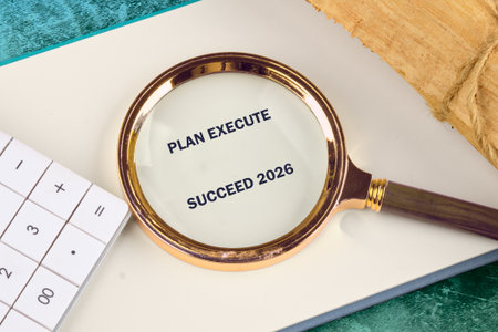 A magnifying highlights the words Plan Execute Succeed 2026 on paper. A calculator and tied ribbon...