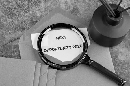 A magnifying glass focuses on a note showing the words NEXT OPPORTUNITY 2026. The note lies on top of a stack of envelopes, with a diffuser in the background.の写真素材