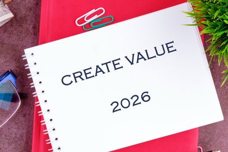 A close-up of a notepad with the words Create Value and the year 2026 written prominently. A colorful plant and paper clips add a touch of creativity to the workspace.の写真素材