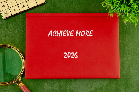 The bright red notebook sits on a green table, inviting creativity and ambition. A magnifying glass and a plant add thoughtful details to the workspace.の写真素材