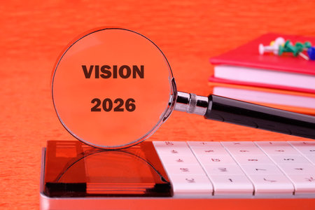 A magnifying glass focuses on the words Vision 2026, placed on a calculator. Bright colored...