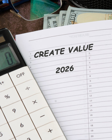 A calculator rests beside a notepad marked with the phrase create value, hinting at future financial goals and strategies for the year 2026, surrounded by money.の写真素材