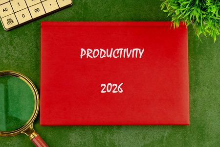 A vibrant red productivity notebook rests on a green desk. A magnifying glass and calculator are...