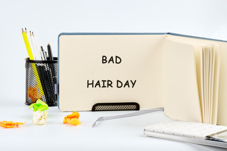 In a cheerful workspace, a notebook displays the words bad hair day, surrounded by colorful stationery and playful decorations, capturing the lighthearted spirit of the moment.の写真素材