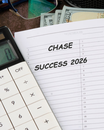A calculator sits beside a notepad labeled with success 2026, surrounded by cash and office...