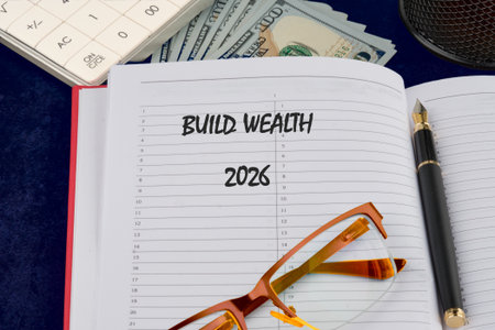 A planner opens to a clean page with the words Build Wealth clearly visible. Nearby, a pair of stylish glasses rests atop the planner, accompanied by cash and a calculator.の写真素材