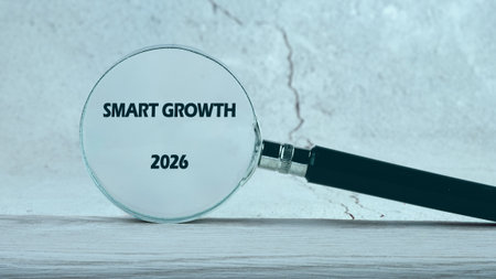 A magnifying glass focuses on the words SMART GROWTH and the year 2026 on a surface with a marble-like background. The black handle of the magnifier rests on the flat plane.の写真素材