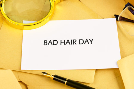 A note reading BAD HAIR DAY sits atop yellow envelopes. A golden magnifier, glasses and a fountain pen are nearby, hinting at a moment of reflection and possibly frustration.の写真素材