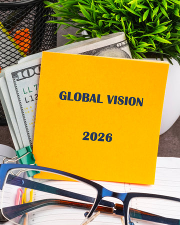 Yellow notebook with Global Vision 2026 is next to United States currency, eyeglasses, a small green plant, and an organizer on top of a planner.の写真素材