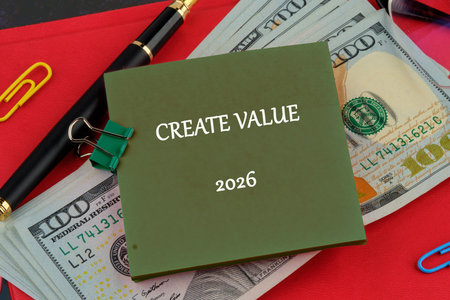A notepad with text Create Value and the year 2026 sits on a pile of money, alongside a pen and...